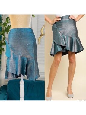 Umgee All That Sparkles High Waist Metallic Lurex Ruffled Skirt Blue Silver New